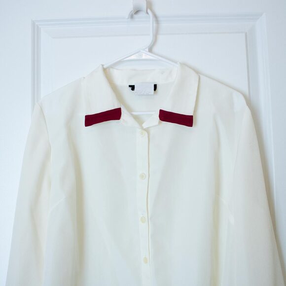 VTG Colorblock Career ZOÉ White Burgundy Collar Blouse Button Mod Minimal 14P - Picture 7 of 9